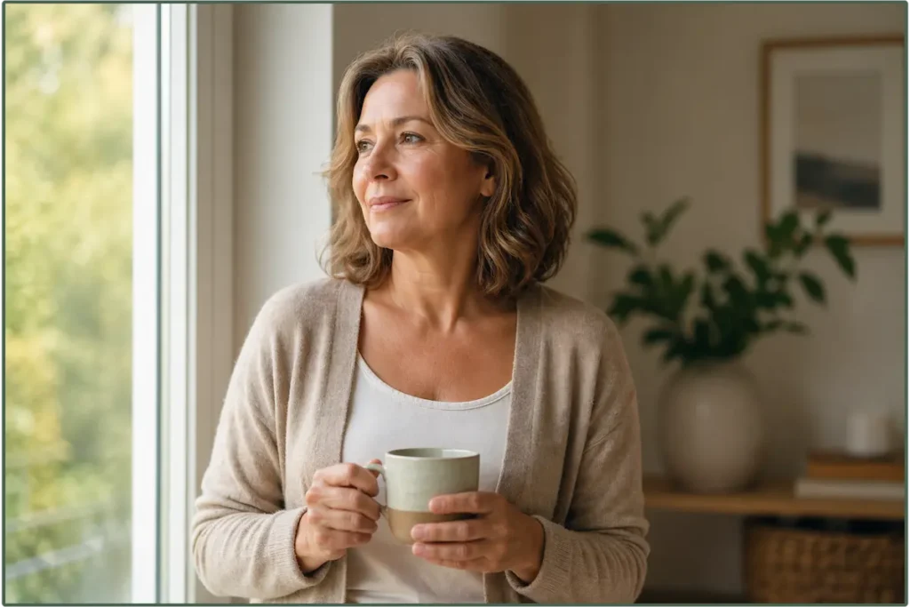 donna in menopausa che osserva il proprio corpo con espressione riflessiva vicino a una finestra in casa