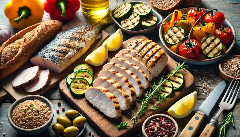pasto equilibrato con diversi alimenti disposto su una tavola semplice in un contesto quotidiano
