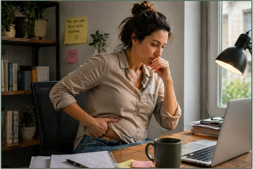 donna con pancia gonfia durante un periodo di stress lavorativo seduta alla scrivania