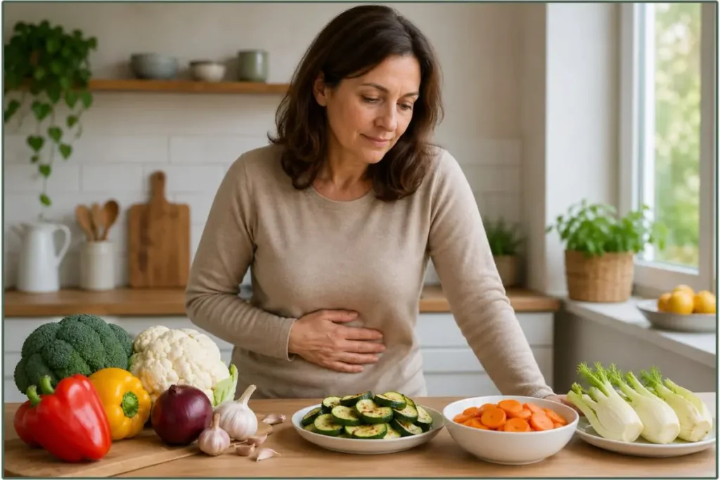 Donna in cucina osserva diverse verdure per capire quali tollerare meglio con calcoli alla colecisti