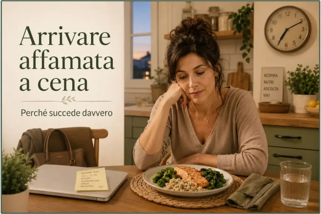 Donna seduta a tavola prima di cena, stanca e affamata dopo una lunga giornata.