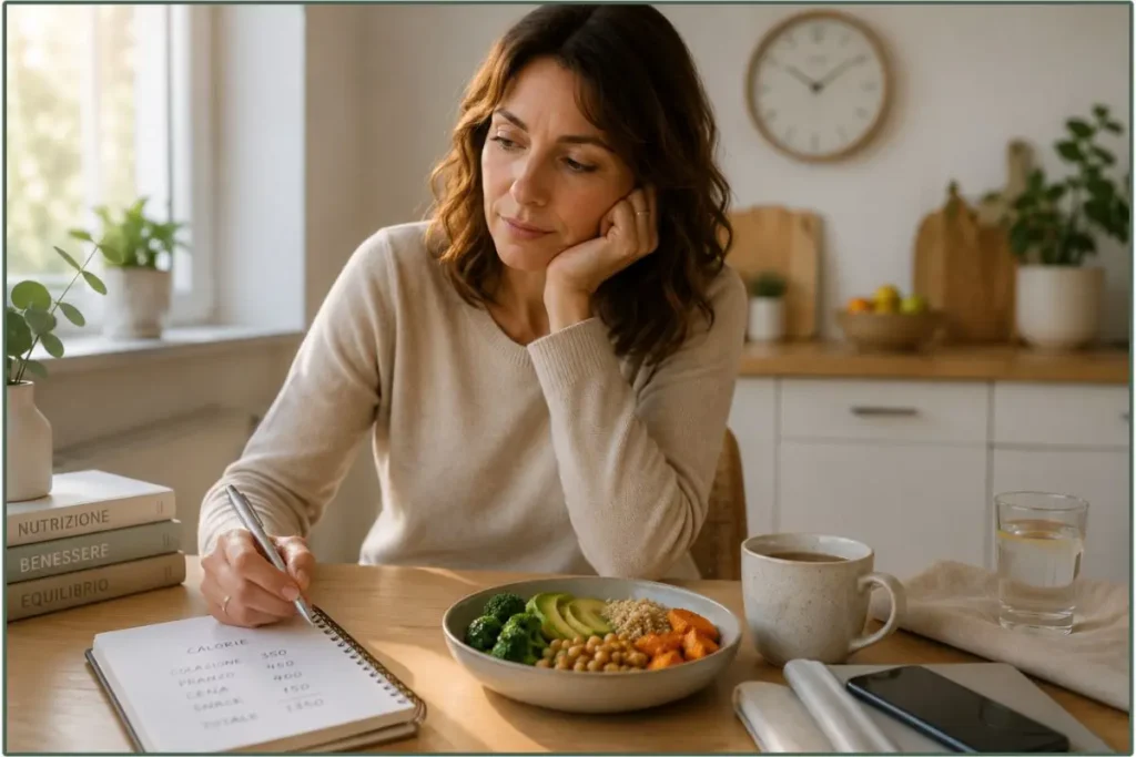Donna che riflette sul deficit calorico per dimagrire davanti a un pasto equilibrato e a un quaderno alimentare