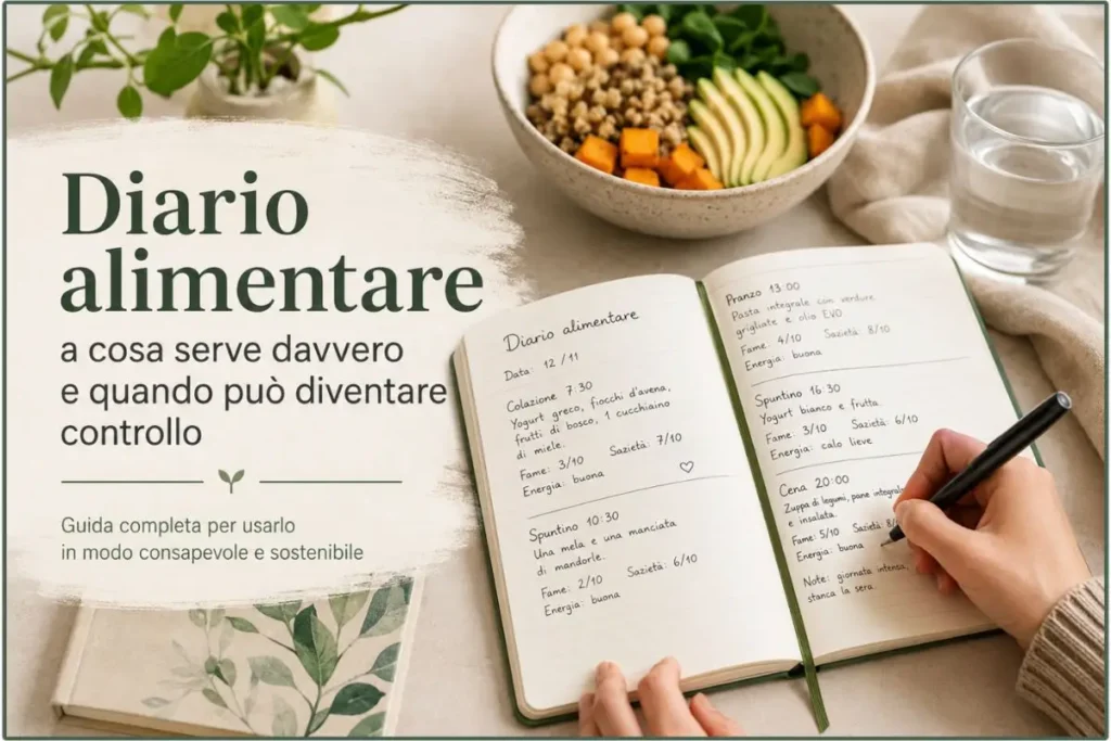 Diario alimentare aperto su un tavolo con pasto equilibrato, usato per osservare abitudini e rapporto con il cibo senza controllo eccessivo.
