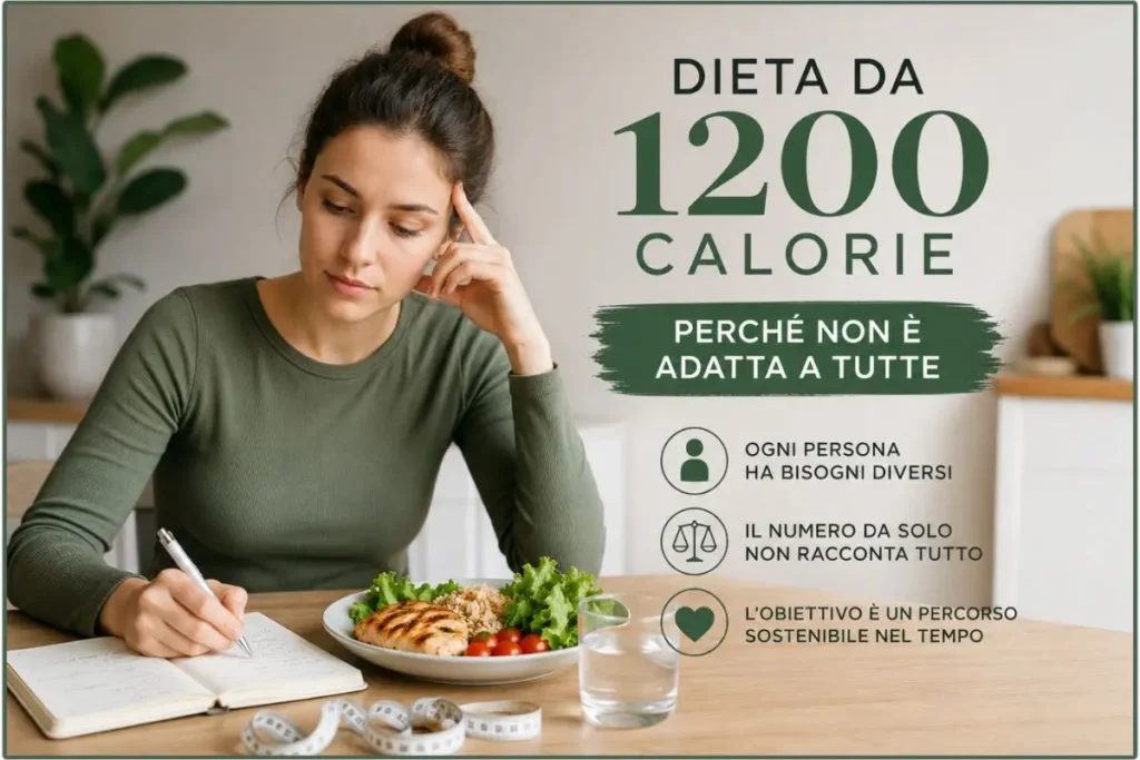 Donna che valuta una dieta da 1200 calorie con un quaderno alimentare e un pasto equilibrato