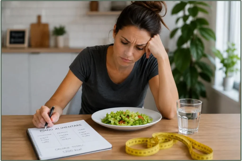 Donna delusa davanti a un piano alimentare e dieta fai da te con insalata e metro da sarta