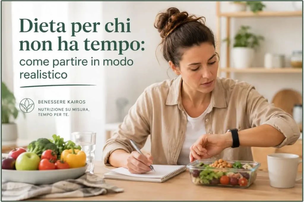 Dieta per chi non ha tempo, donna che organizza un pasto sano in modo realistico