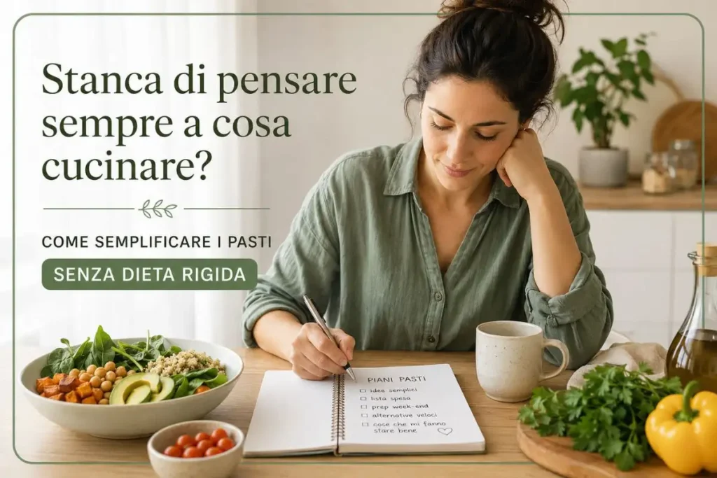 Donna in cucina che organizza pasti semplici e sani senza seguire una dieta rigida.