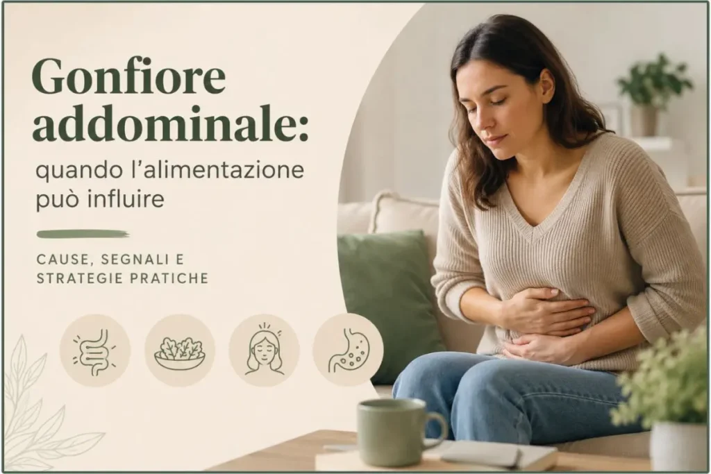 Donna seduta sul divano con una mano sull’addome per rappresentare il gonfiore addominale e il rapporto con l’alimentazione.