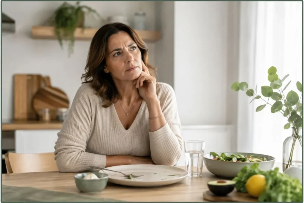 Ho sempre fame è il pensiero di questa donna a tavola dopo un pasto leggero.