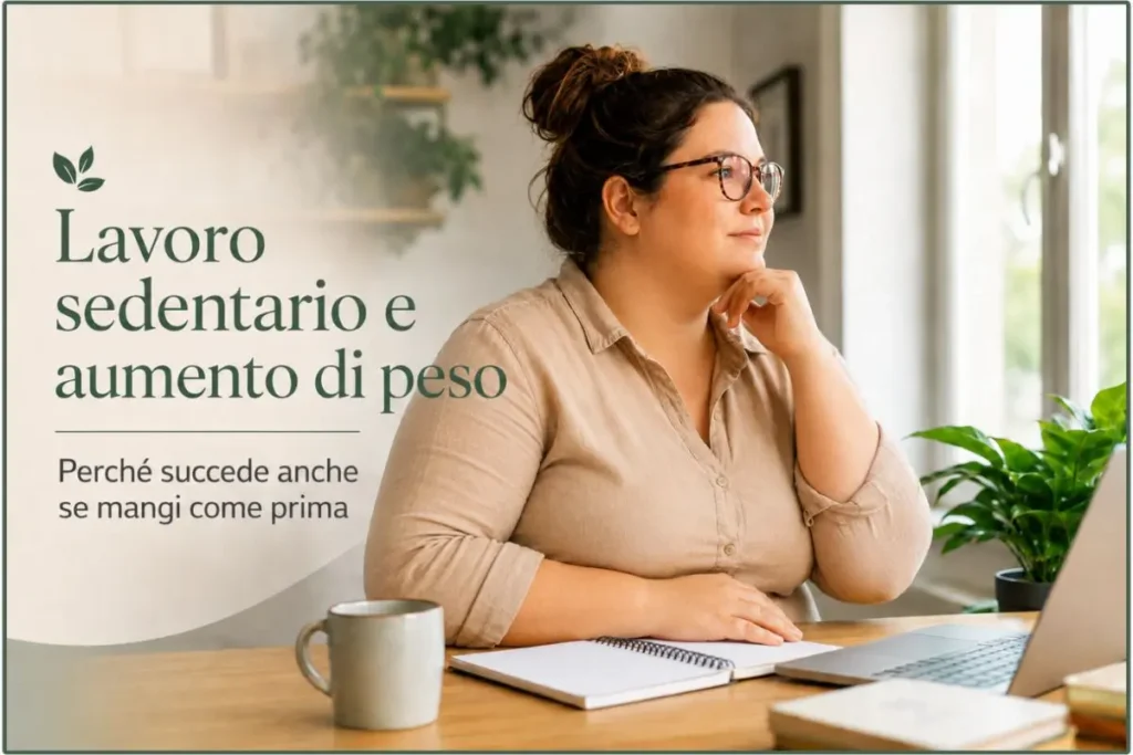Donna seduta alla scrivania durante il lavoro sedentario, con riferimento all’aumento di peso.