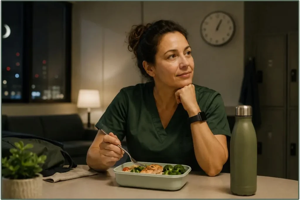 Donna durante una pausa notturna al lavoro con un pasto equilibrato, si chiede se mangiare di notte fa ingrassare