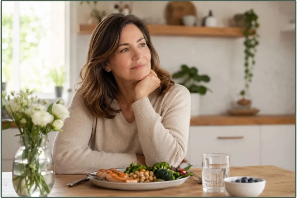 Donna seduta a tavola con un pasto equilibrato mentre riflette sul mantenimento del peso dopo una dieta