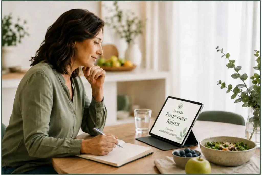 Donna che valuta un percorso nutrizionale online dopo aver provato diverse diete