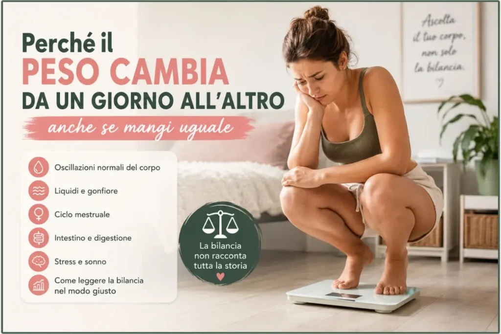 Peso che cambia da un giorno all’altro: donna sulla bilancia che osserva le oscillazioni del peso