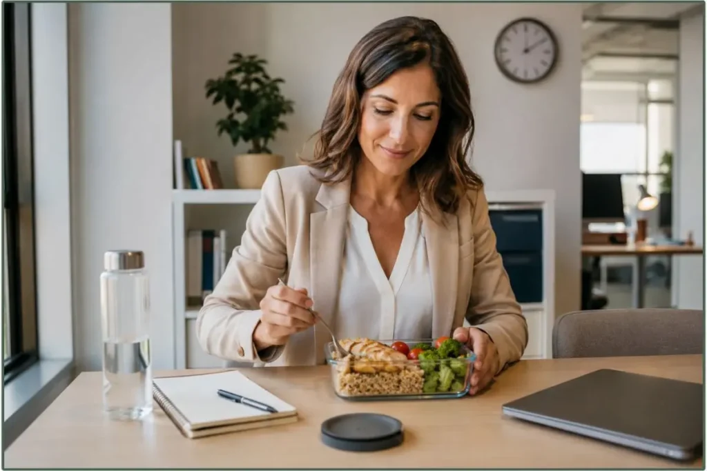 Donna che organizza il pranzo in ufficio senza dieta rigida
