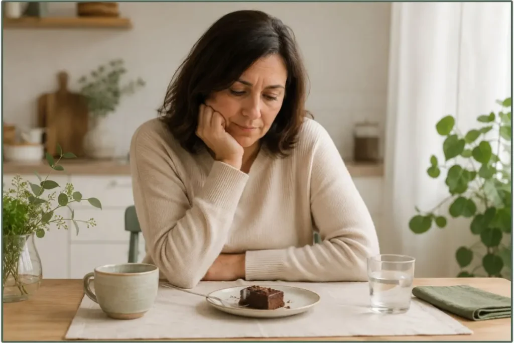 Donna pensierosa davanti a un dolce, immagine sul senso di colpa alimentare dopo aver mangiato