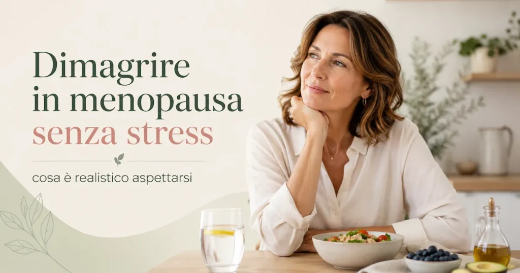 Donna in menopausa serena a tavola con alimenti sani, per un articolo su come dimagrire in menopausa senza stress